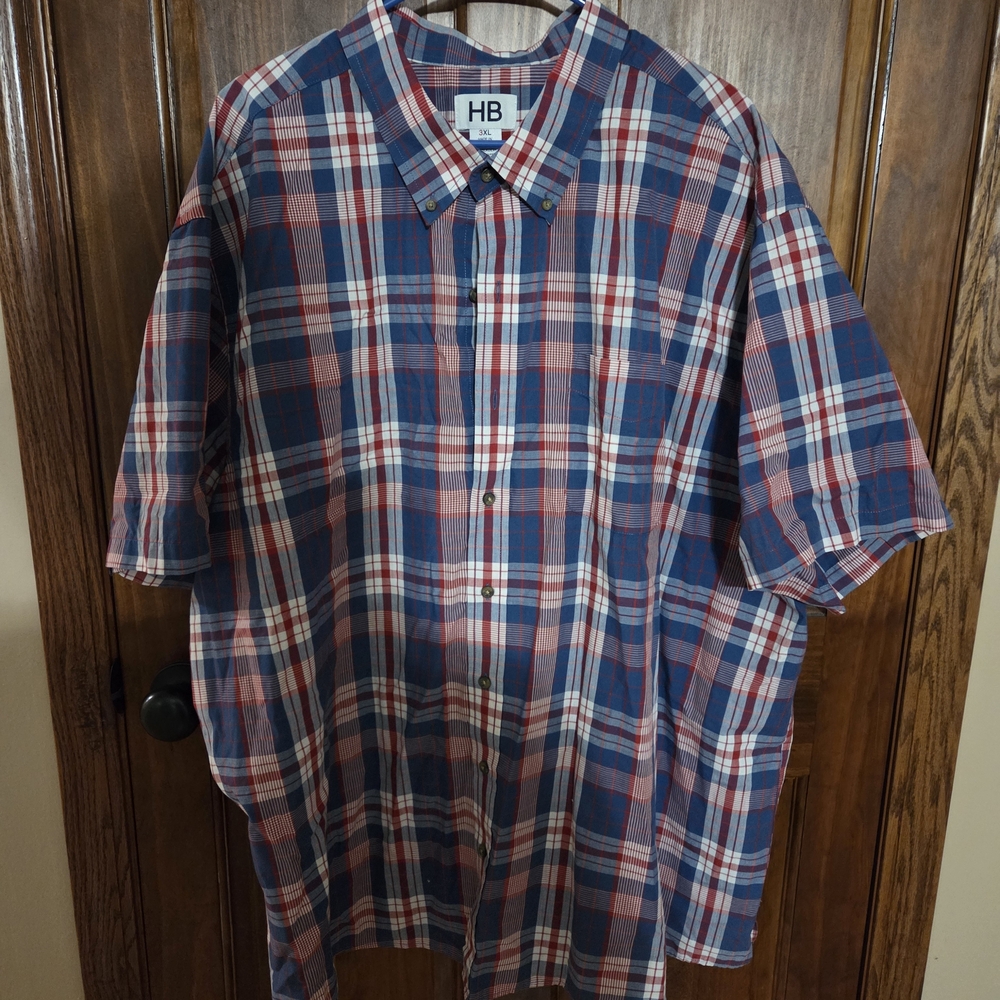 HB Men's Casual Plaid Button-Down Shirt - Navy and Red